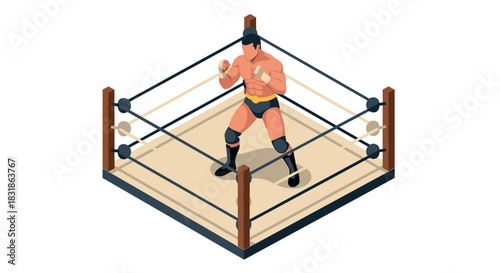 Isometric boxer standing in ring ready for match in sports arena