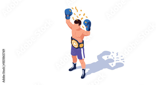 Triumphant boxer celebrating victory with championship belt and confetti