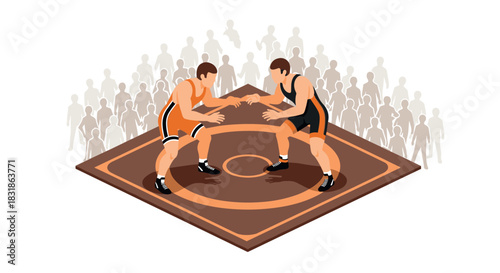 Isometric wrestling match scene with audience on sports mat