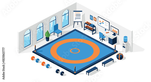 Isometric home gym setup with wrestling mat and equipment in modern room