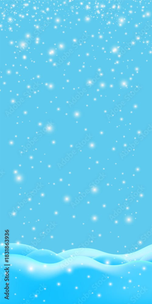 Obraz premium Realistic cartoon snow hills with falling snowflakes and blue sky vertical background. Winter vertical landscape design element with blue snow. Minimal nature composition snowy fields and falling snow
