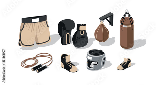 Boxing equipment set with gloves, bag, and gear in isometric style for fitness