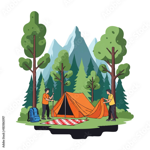 Illustration of two campers setting up an orange tent in a forest with trees, mountains, and a red-and-white blanket on a green grassy area.