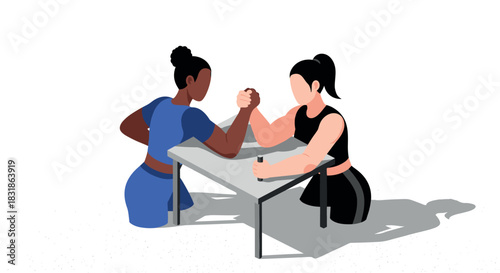 Women arm wrestling match in flat style with strong female competitors
