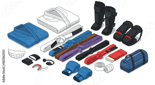 Isometric martial arts gear set featuring belts, gloves, and protective equipment