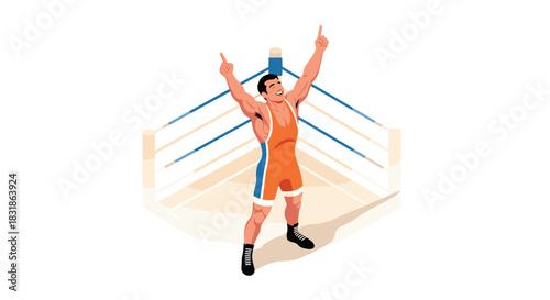 Wrestling champion celebrating victory in arena with raised arms