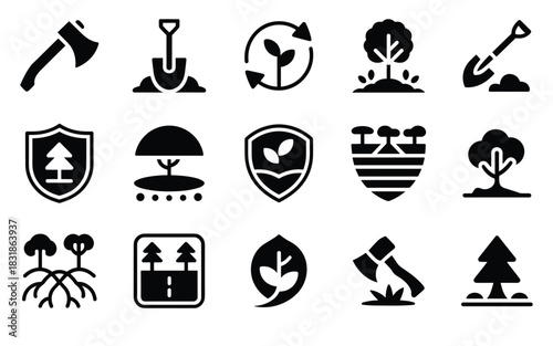 Tree Protection and Forest Management Icons Set – Sustainability, Reforestation, Eco Shield, and Environmental Tools