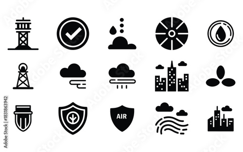 Air Quality and Environmental Protection Icons Set – City Pollution, Wind, Water, and Green Shield Symbols