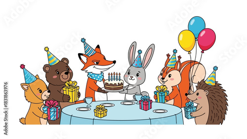 Joyful Woodland Animals Celebrate a Heartwarming Birthday Party, Exchanging Gifts and Sharing Delicious Cake with Friends