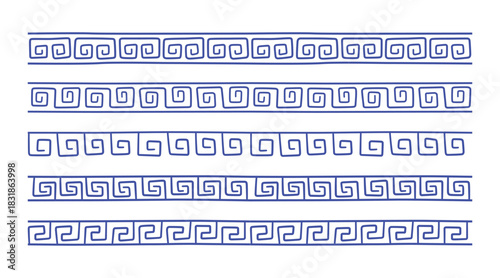 Greek doodle seamless border. Roman hand drawn ornament line. Doodle decoration ancient pattern. Handdrawn Greek ethnic repeat stripe. Vector illustration isolated on white background.