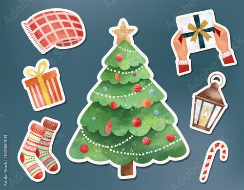 Christmas watercolor set. Hand drawn winter stickers. Xmas. Gifts, tree, socks. Holiday magic time.