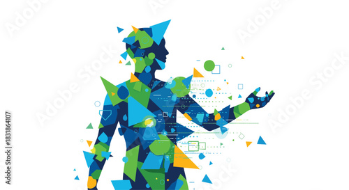 Abstract Human Figure Composed of Geometric Shapes and Particles.