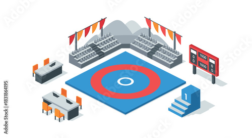 Isometric sports arena with ring, spectator stands, and scoreboards for competitions