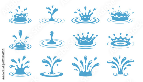 Cartoon Water Splash Effects with Dynamic Droplets, Ripples, Swirls, and Liquid Splatters in Motion for Animation and Visual Effects Vector Set