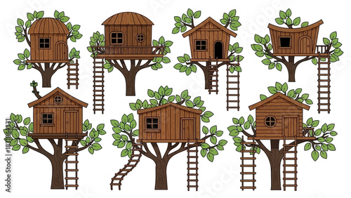Enchanting set of various illustrated treehouses nestled in lush green trees. A whimsical collection for childhood dreams and secret hideouts