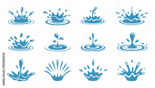 Cartoon Water Splash Effects with Dynamic Droplets, Ripples, Swirls, and Liquid Splatters in Motion for Animation and Visual Effects Vector Set