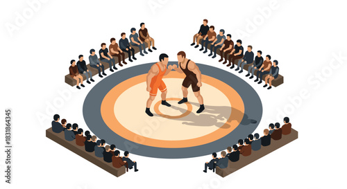 Isometric wrestling match with spectators in an arena setting