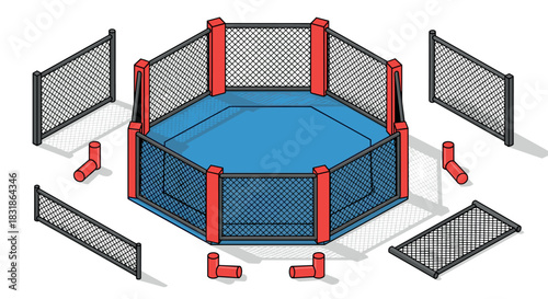 Hexagonal mixed martial arts cage with detachable fence in isometric design