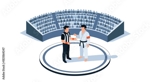 Isometric martial arts competition in arena with audience and referee