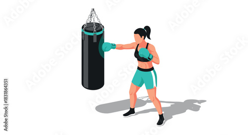 Isometric female boxer training with punching bag in gym environment