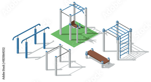 Outdoor fitness equipment in isometric design with shadow effects for modern urban spaces