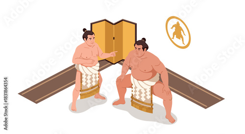 Isometric sumo wrestlers before the match with traditional elements