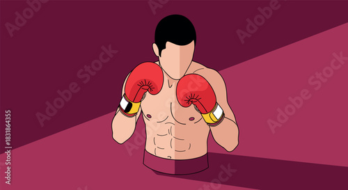 Minimalist boxer in fighting stance against dark red background