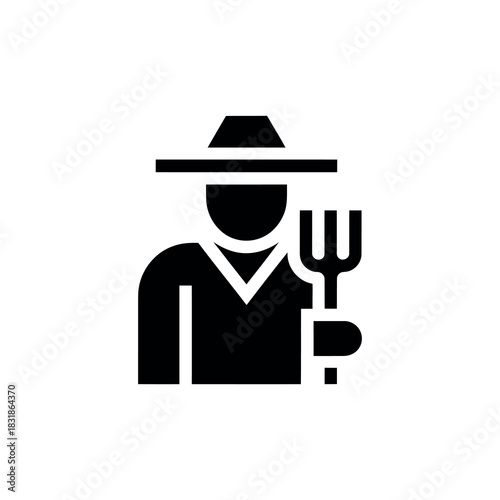 Black Silhouette of Farmer Holding Pitchfork on Transparent Background