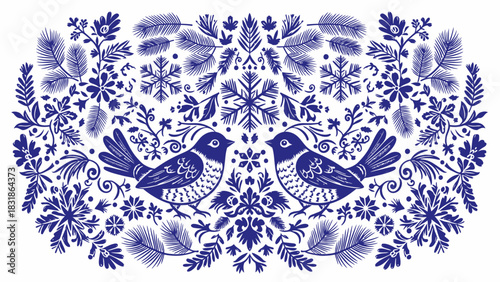 Elegant folk art birds with floral and snowflake details, perfect for a holiday design or winter greeting card