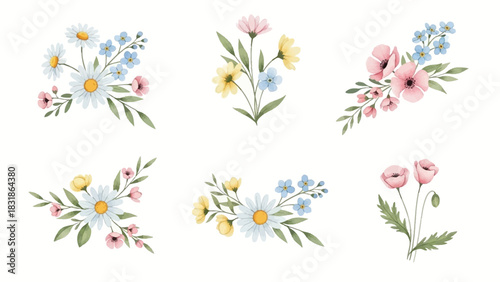 Collection of watercolor floral arrangements with daisies, forget-me-nots, and poppies