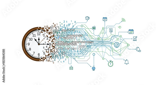Digital Clock Transforming into Technology Circuitry and Data.