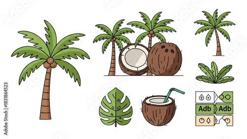 Tropical Coconut and Palm Tree Illustrations for Vacation and Summer Designs