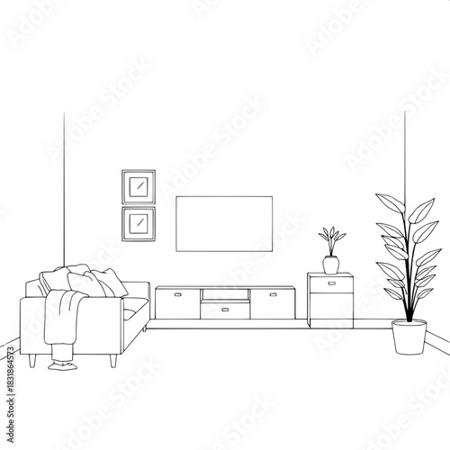 A clean line-art illustration of a modern living room interior, front-facing view. Minimalist sofa with pillows and a blanket on the left, flat-screen TV centered on the back wall with framed pictures