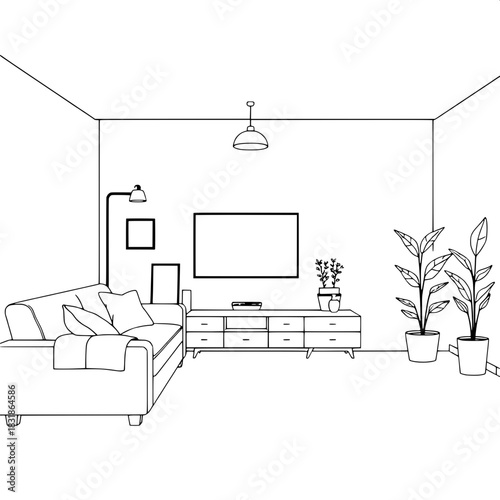 A clean line-art illustration of a modern living room interior, front-facing view. Minimalist sofa with pillows and a blanket on the left, flat-screen TV centered on the back wall with framed pictures