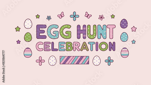 Happy easter egg hunt celebration with colorful decorated eggs butterflies flowers and stars on a pastel pink background