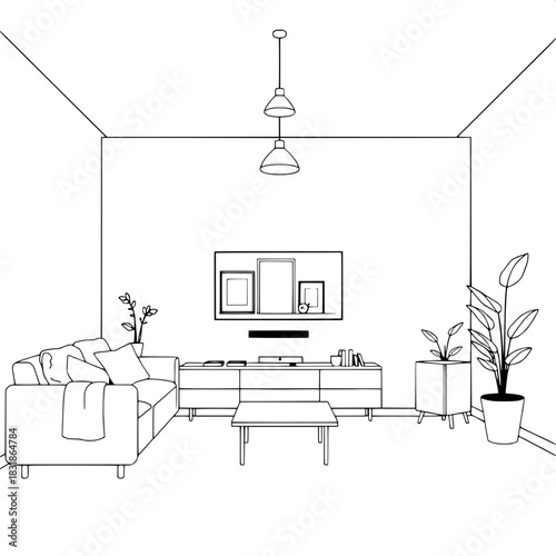 A clean line-art illustration of a modern living room interior, front-facing view. Minimalist sofa with pillows and a blanket on the left, flat-screen TV centered on the back wall with framed pictures