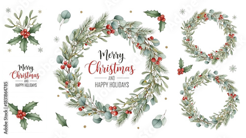Watercolor holiday illustration set featuring festive Christmas wreaths, holly berries, and eucalyptus leaves