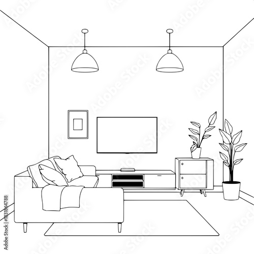 A clean line-art illustration of a modern living room interior, front-facing view. Minimalist sofa with pillows and a blanket on the left, flat-screen TV centered on the back wall with framed pictures
