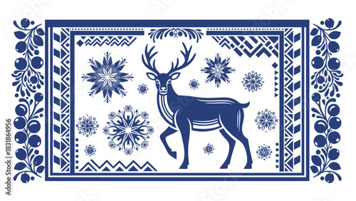 Elegant winter holiday folklore art featuring deer and snowflakes for festive design projects and seasonal celebrations