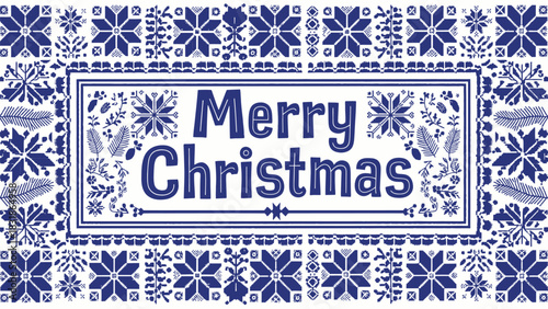 Festive Merry Christmas greeting card design with elegant blue floral pattern for holiday celebrations