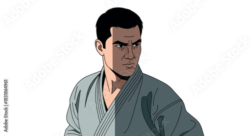 Martial arts master in traditional robe on white background