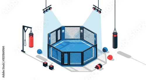 Isometric mixed martial arts arena with equipment in modern gym setup