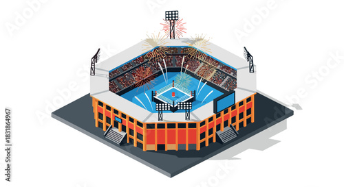 Colorful isometric stadium with fireworks display and crowded seats