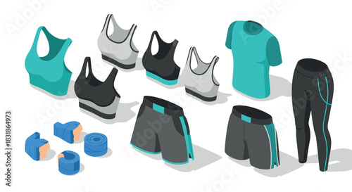 Isometric athletic apparel collection featuring sports bras, shirts, shorts, and accessories