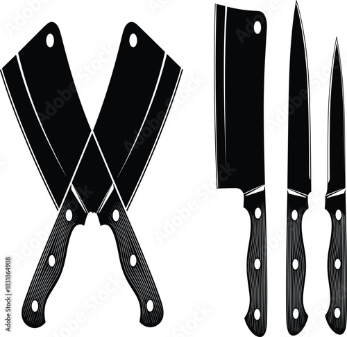 Set of various black silhouette kitchen knives and meat cleavers, including crossed butcher cleavers, chef's knife, and utility knives, vector illustration for cooking and culinary design.
