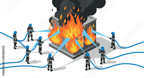 Isometric firefighter team extinguishing building fire with hoses