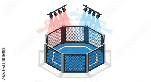 Isometric mma cage with spotlight effects for combat sports events