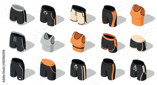 Activewear collection in isometric style: shorts and tank tops