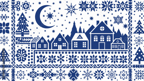 Charming winter village scene with whimsical snowflakes and crescent moon in festive folk art style design element