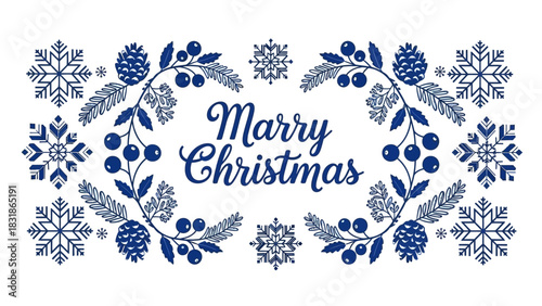Elegant blue Merry Christmas design with snowflakes, berries, and pine cones for holiday cheer and greetings
